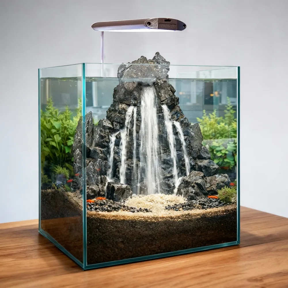 Würfel-Aquarium mit künstlichem Felsen-Wasserfall, LED-Leuchte oben, Kies- und Sandboden, grüne Wasserpflanzen und kleinen Fischen