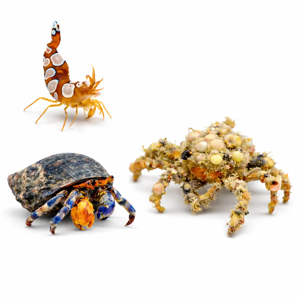 Drei Meerestiere auf weißem Hintergrund: orange-weiß gepunkteter Shrimp, farbiger Einsiedlerkrebs im Gehäuse und mit Meeresbewuchs bedeckte Dekorationskrabbe