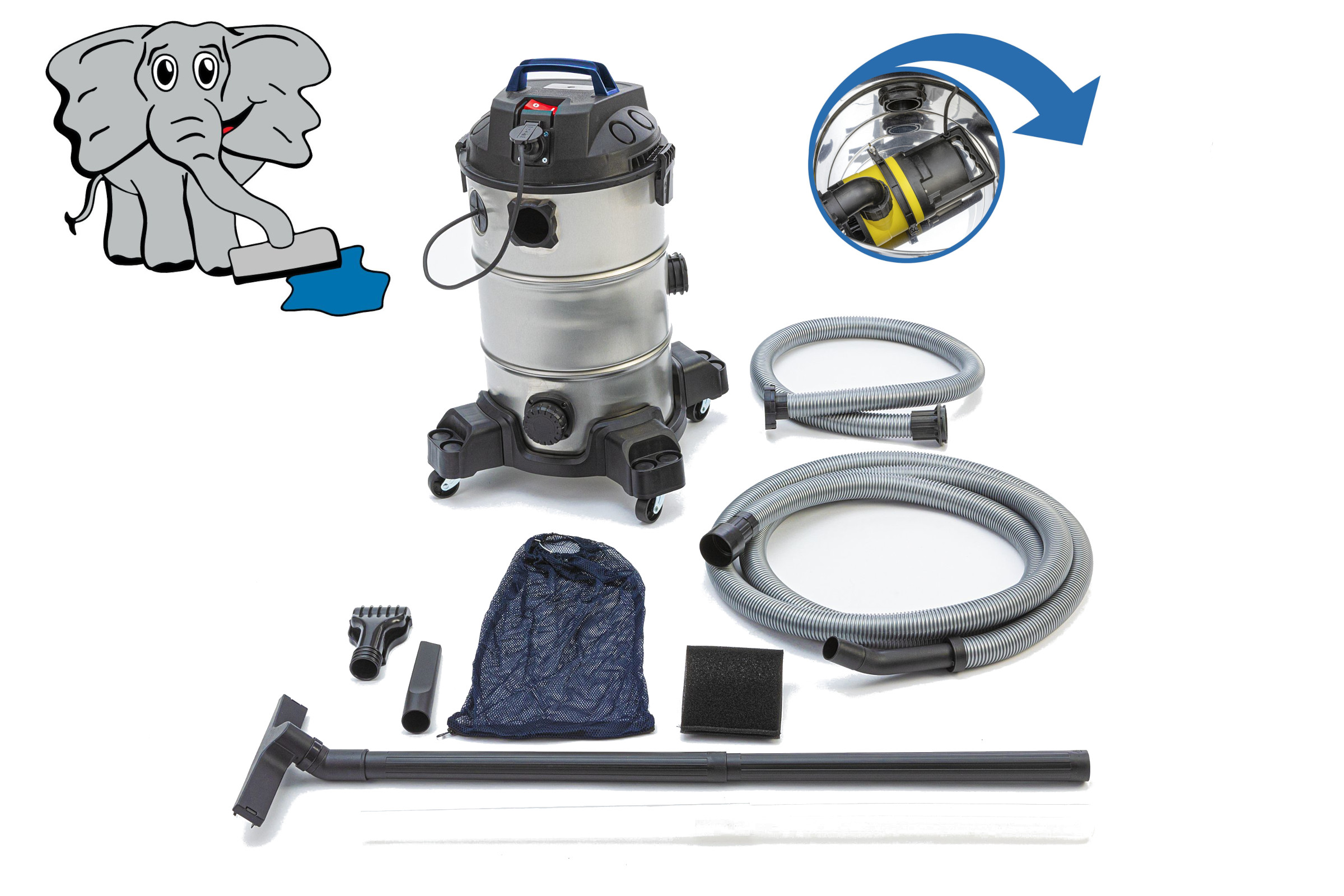 OSAGA SAUGOFANT Non-STOP Teichsauger (Edelstahlbehälter) mit langen Saugschläuchen, Verlängerungsrohr, Bodendüse, Netztasche und Schaumfilter – leistungsstarker Mulm- und Schlammsauger für durchgehende Teichreinigung