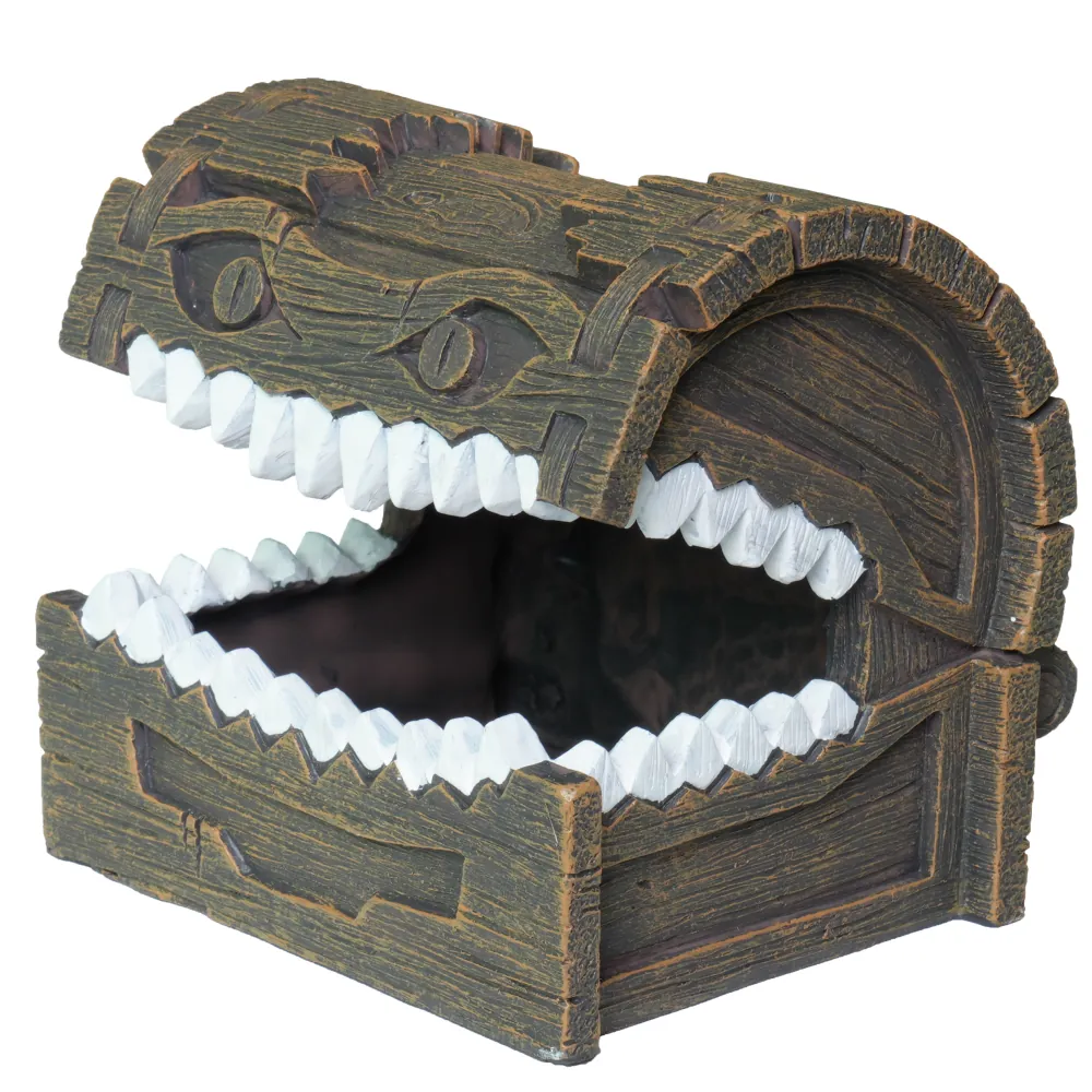 Hobby The Chest: fantasy Schatztruhe mit aufgerissenem Maul und spitzen Zähnen, detailierte Holzoptik, hohle Innenkammer als Versteck für Fische und Garnelen im Süßwasseraquarium, Maße 11×9,5×10 cm