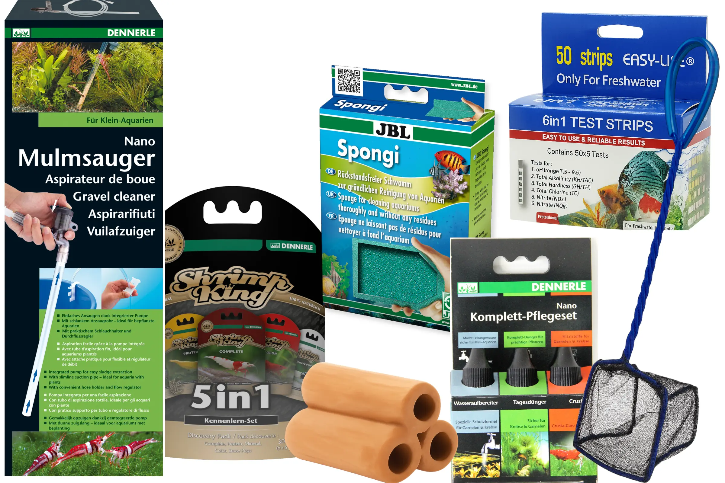 Aquarium-Pflegeset mit Mulmsauger, Schwamm, Teststreifen