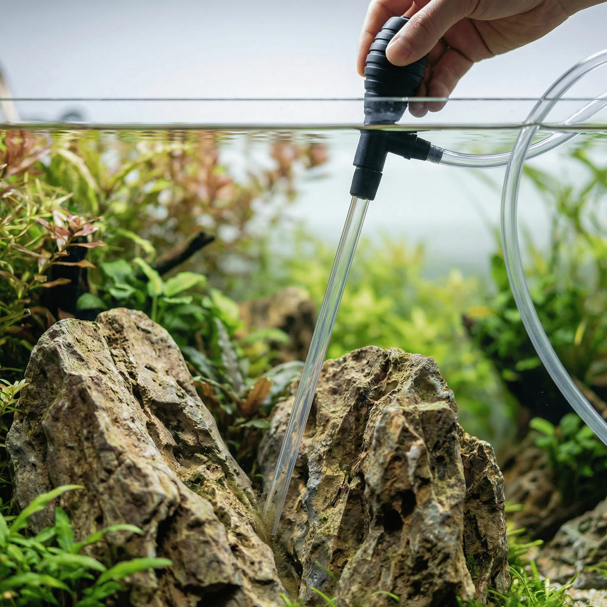 NatureHolic Detail Mulmsauger im Einsatz: schlanker Mulmsauger mit Handpumpe und feiner Düse reinigt gezielt Mulm zwischen Steinen in dicht bepflanztem Nano-Aquascape (für Aquarien bis 40 cm)