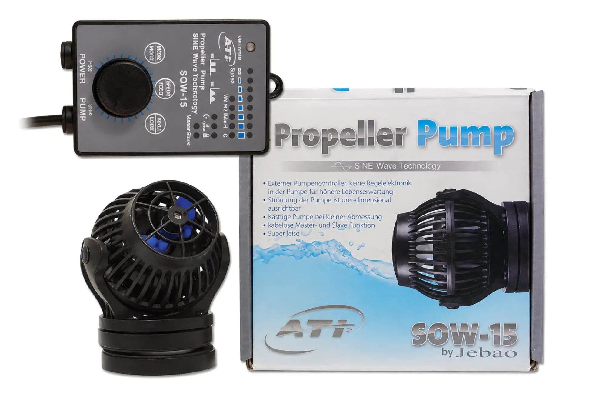 Jebao SOW-15 Strömungspumpe mit Controller – KI-generierte Abbildung aus Produktreferenz
