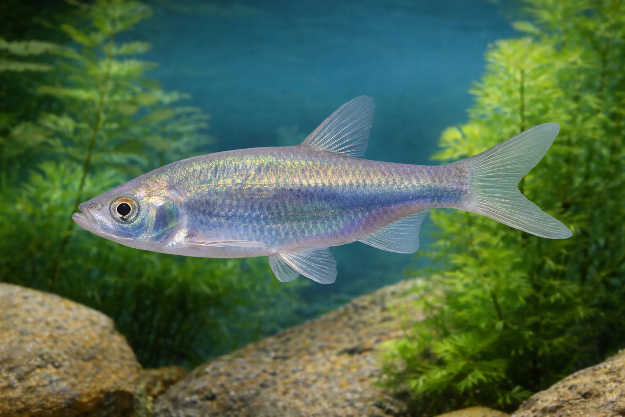 Seitliche Nahaufnahme eines bläulichen Zierfisches mit schimmernden Schuppen vor Wasserpflanzen und Kies im Aquarium