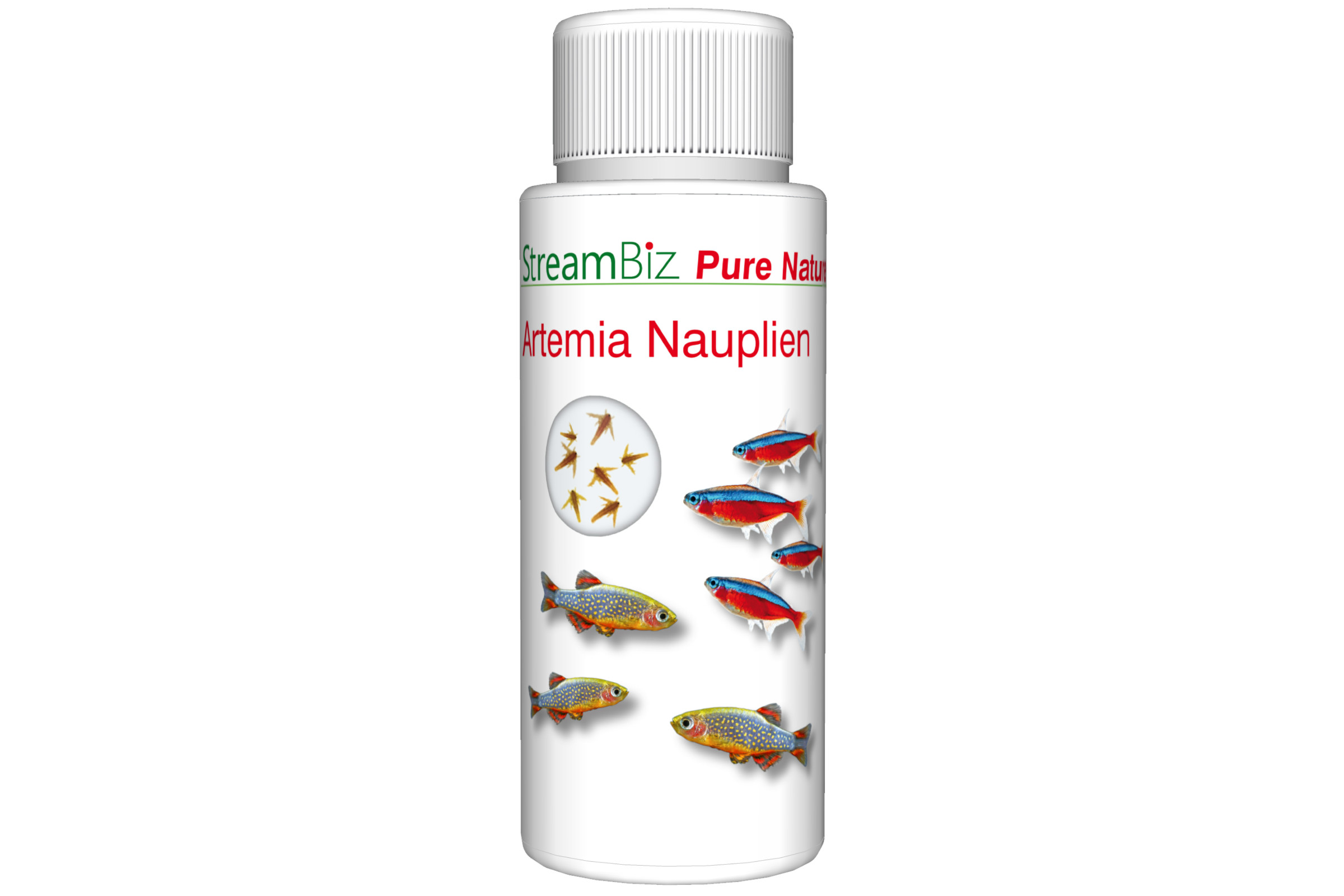 StreamBiz Pure Nature Artemia Nauplien 100 ml, weiße Flasche mit Label; natürliches Artemia-Nauplien-Futter in pflanzlicher Nährlösung, sofort einsatzbereit für kleine Zierfische und Jungfische
