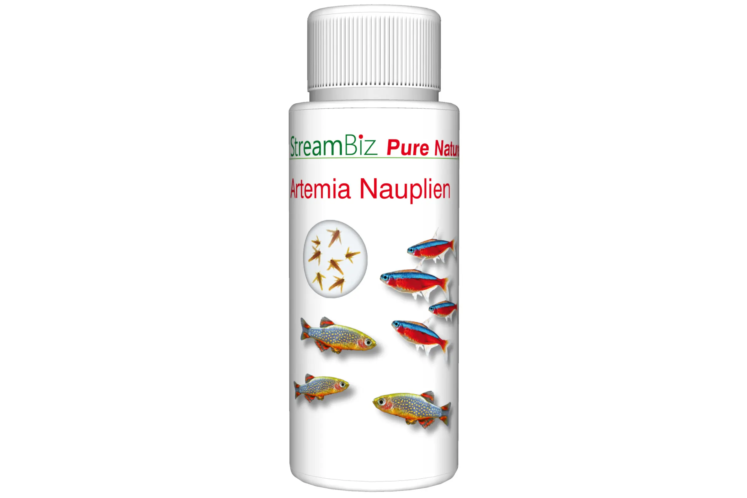 StreamBiz Pure Nature Artemia Nauplien 100 ml, weiße Flasche mit Label; natürliches Artemia-Nauplien-Futter in pflanzlicher Nährlösung, sofort einsatzbereit für kleine Zierfische und Jungfische