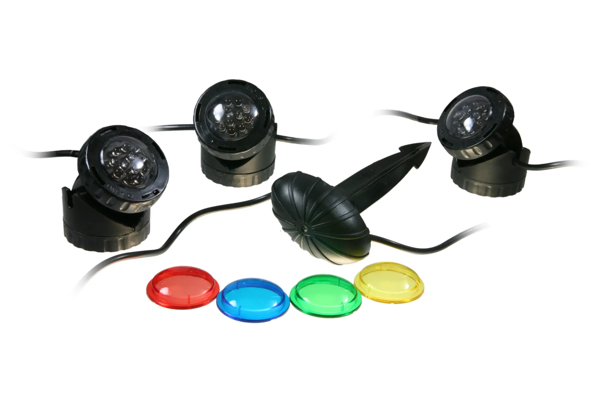 OSAGA 3er LED-Set OTB2 12 V mit Erdspieß und Anschlussbox, drei schwarze Unterwasserstrahler und vier austauschbare farbige Linsen (rot, blau, grün, gelb) zur dekorativen Beleuchtung von Teich und Garten
