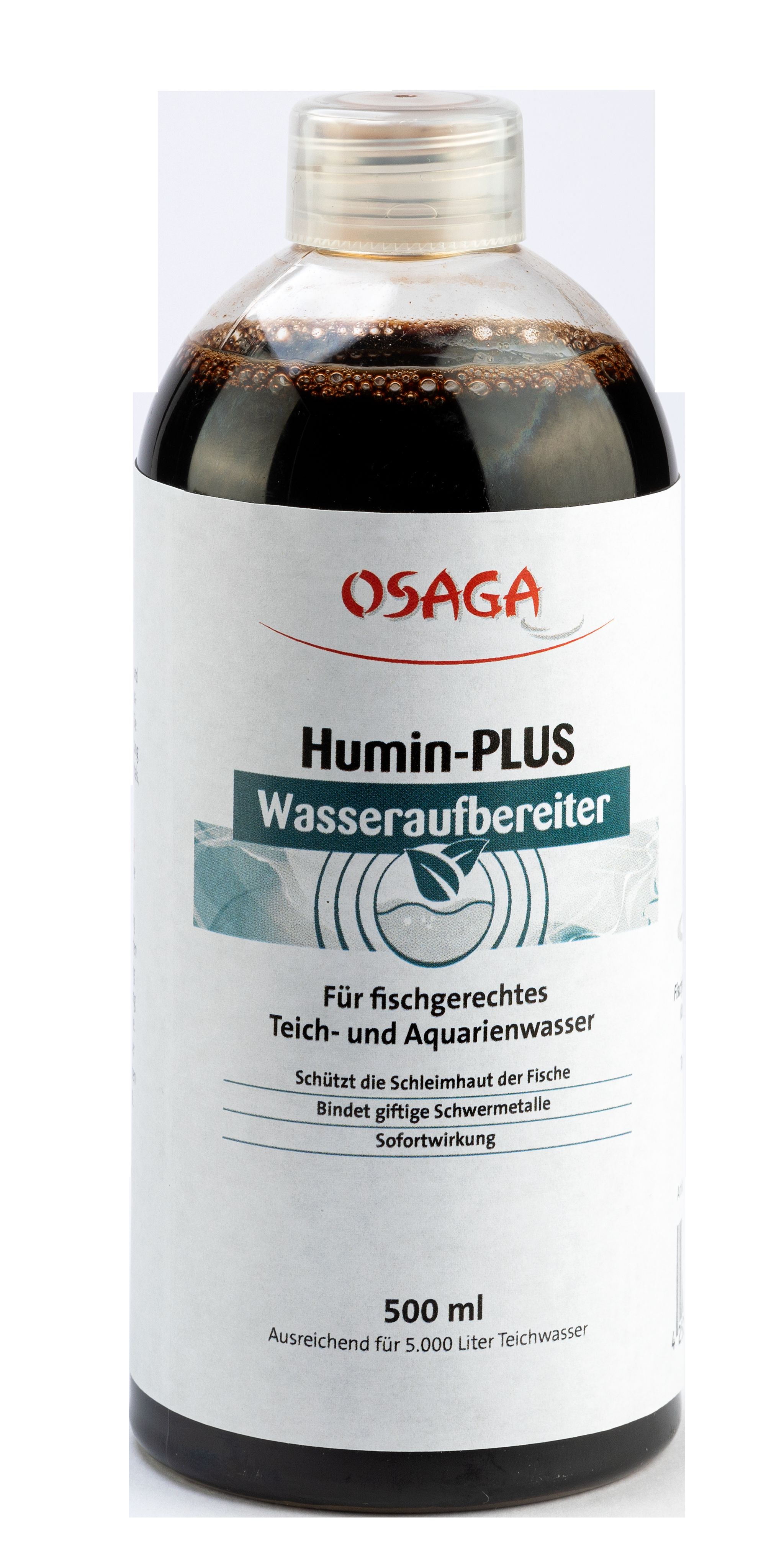 Flasche Osaga Humin-PLUS Wasseraufbereiter 500 ml mit brauner Flüssigkeit und Etikett, geeignet für fischgerechtes Teich- und Aquarienwasser