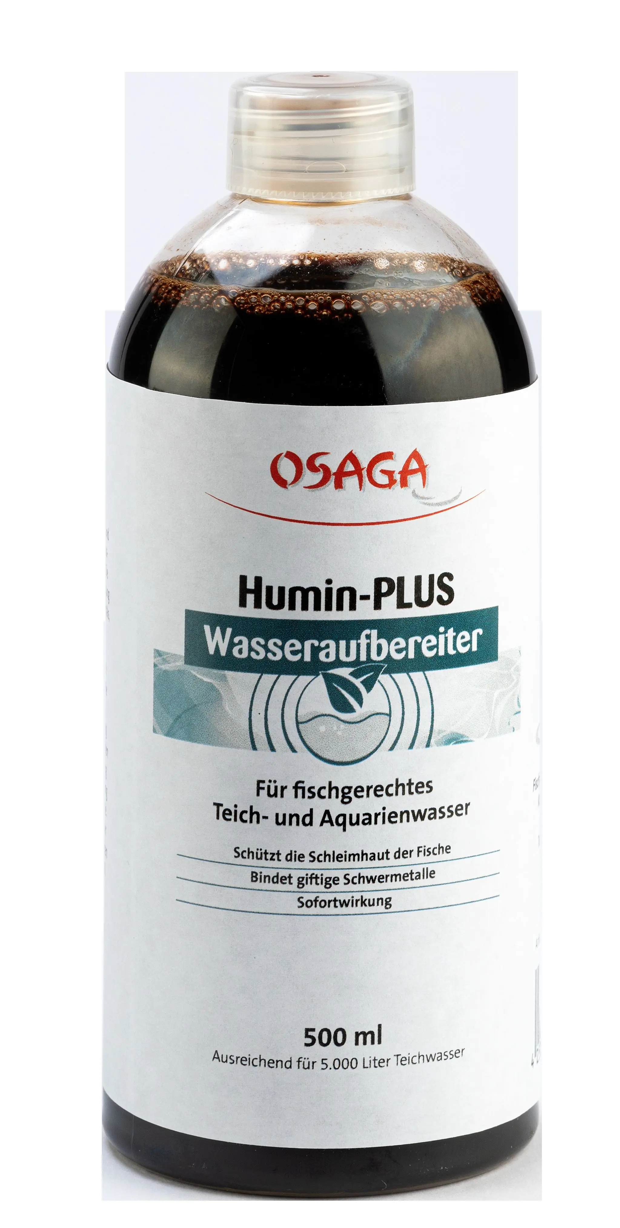 Flasche Osaga Humin-PLUS Wasseraufbereiter 500 ml mit brauner Flüssigkeit und Etikett, geeignet für fischgerechtes Teich- und Aquarienwasser