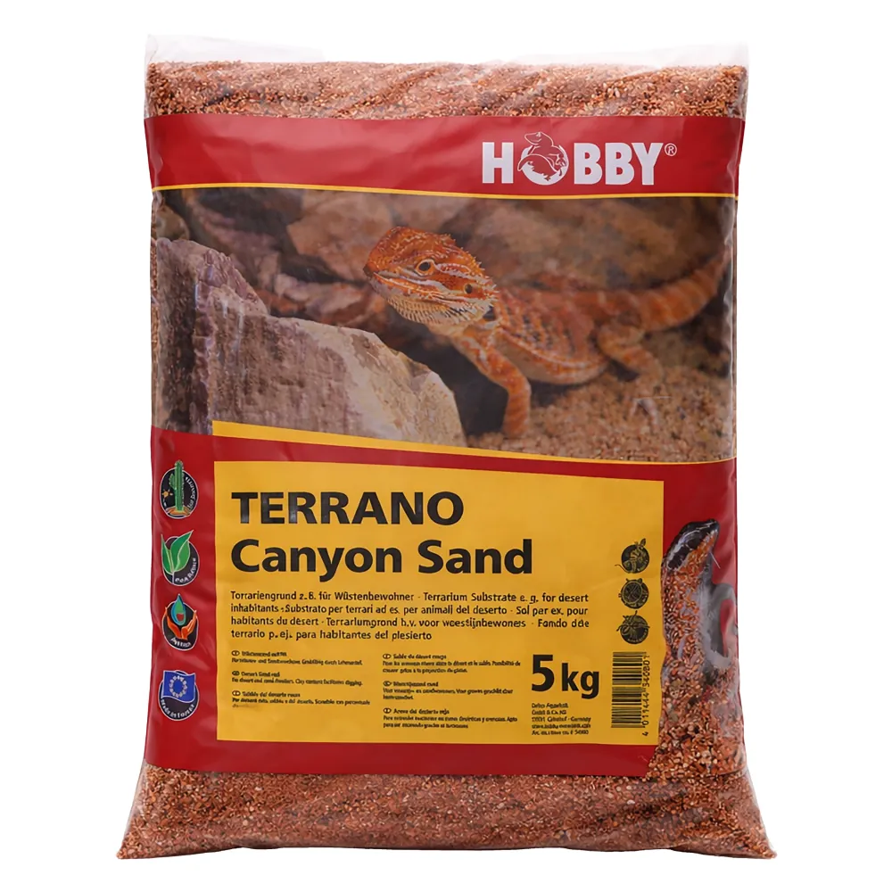 Packung Terrano Canyon Sand 5 kg für Terrarien, rot-gelbes Verpackungsdesign mit Produktname und Bild einer Bartagame sowie grobkörnigem Wüstensand