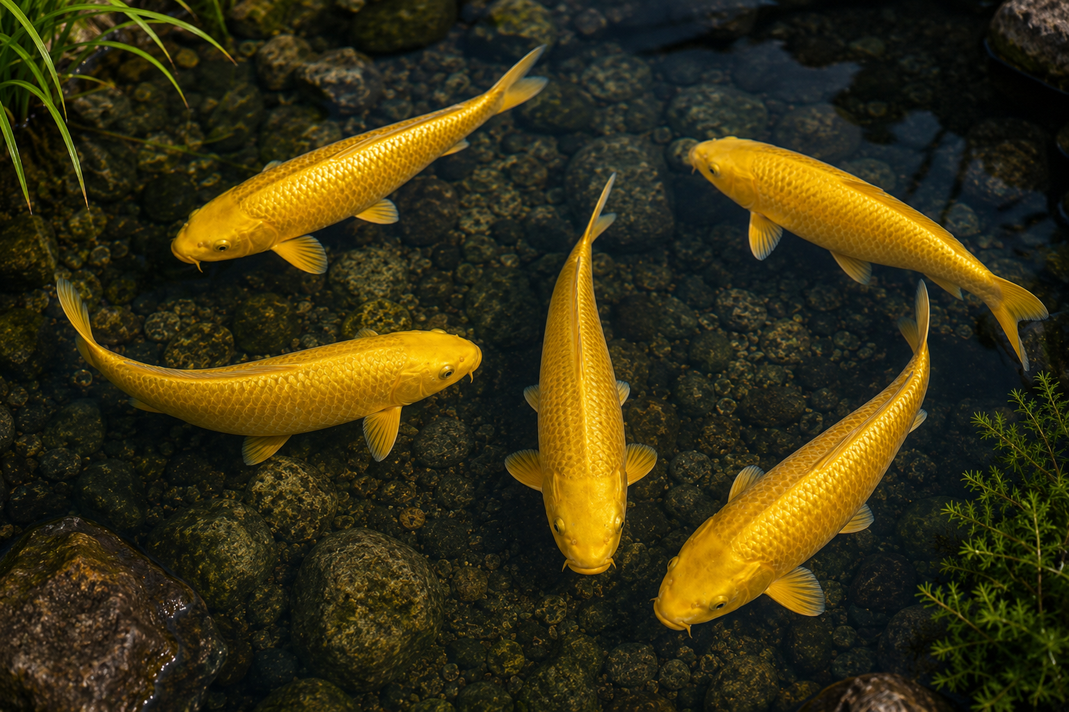 Mehrere Koi Yamabuki (Goldgelb), Cyprinus carpio: goldgelbe Nishikigoi schwimmen im klaren Gartenteich über dunklem Kies – starke Sichtbarkeit und dekorative Teichbesatz