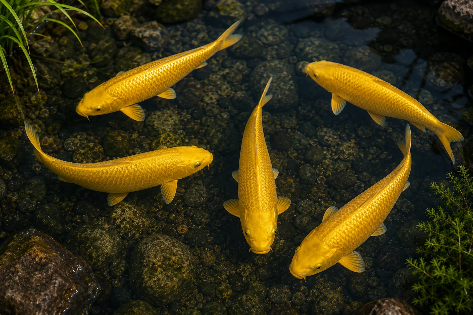 Mehrere Koi Yamabuki (Goldgelb), Cyprinus carpio: goldgelbe Nishikigoi schwimmen im klaren Gartenteich über dunklem Kies – starke Sichtbarkeit und dekorative Teichbesatz