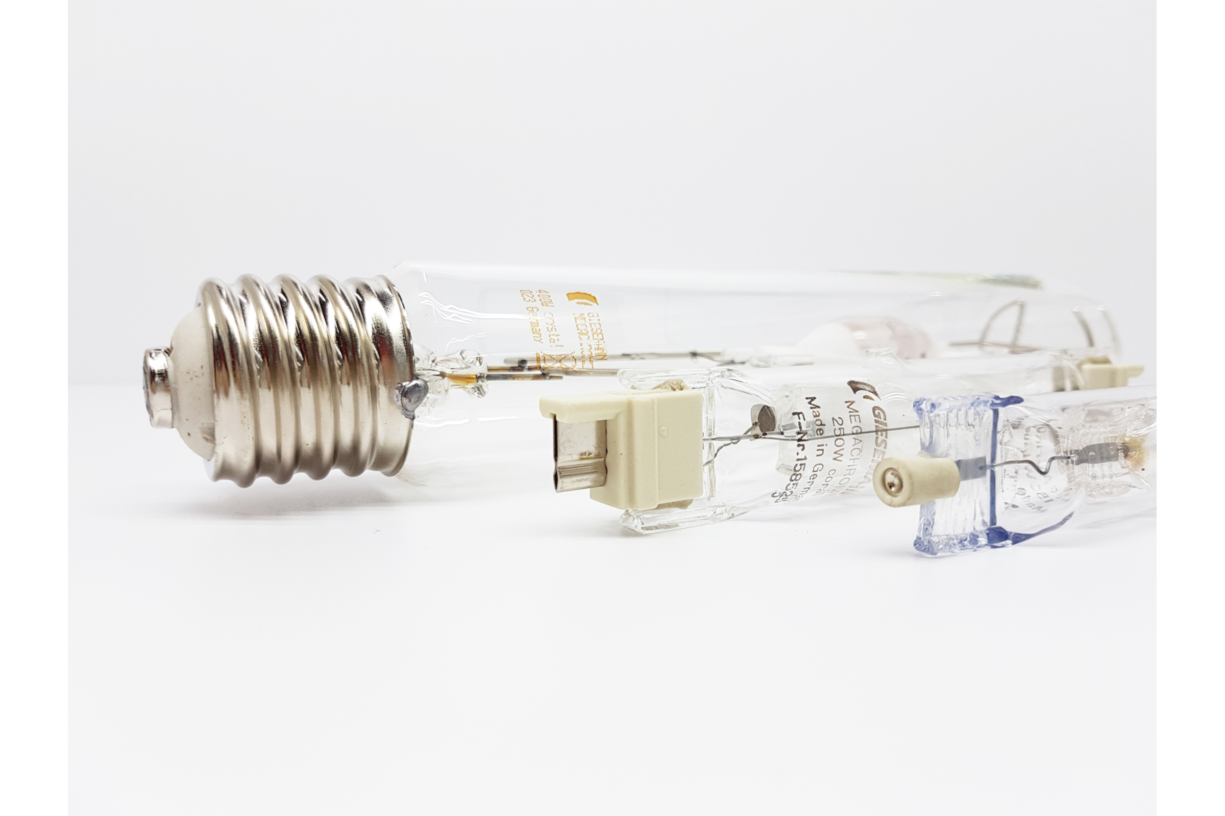 Nahaufnahme: Halogen- und Entladungslampen auf weißem Grund