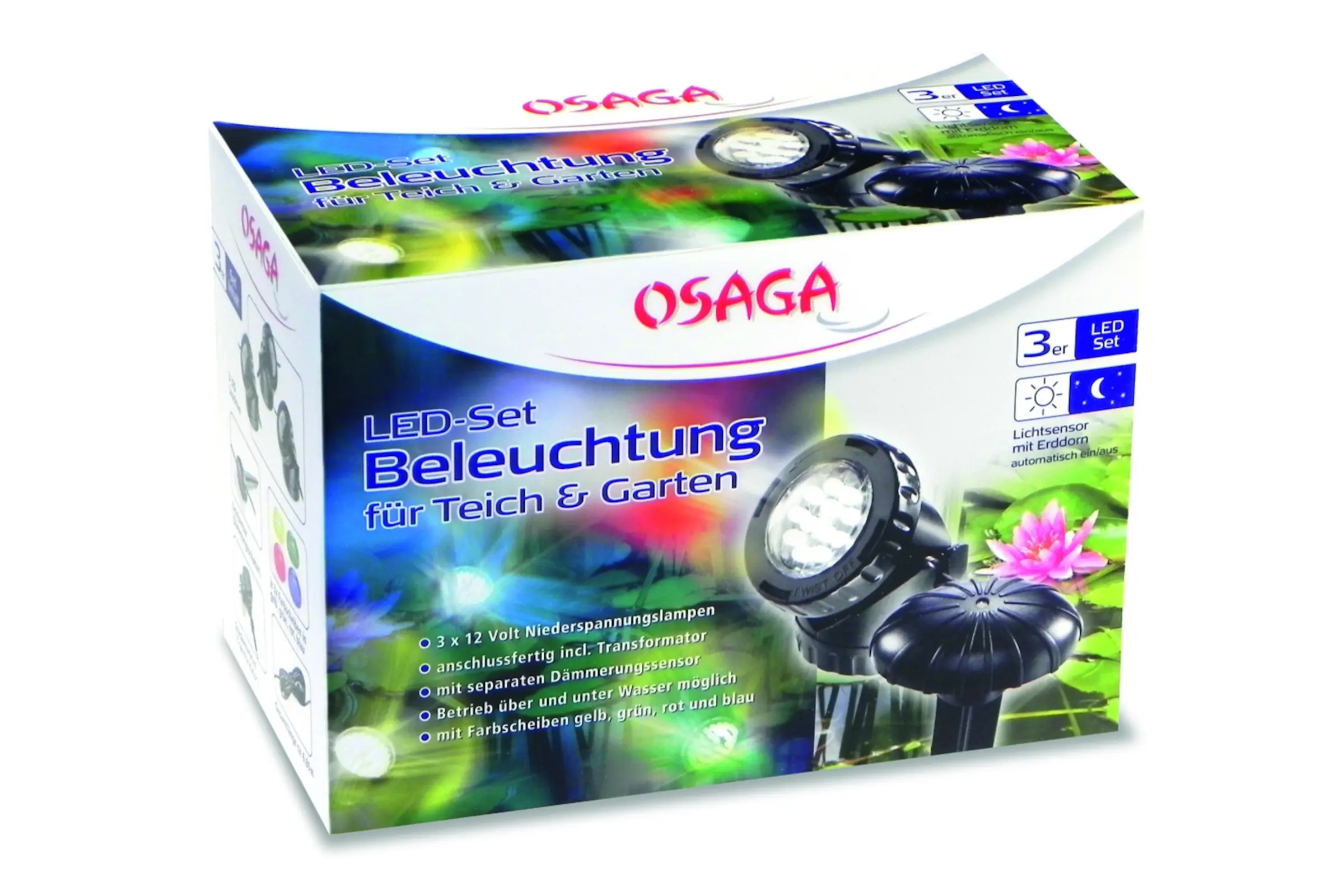 OSAGA LED-Set OTB2 3er, 12 V Teich- und Gartenbeleuchtung bunt mit Transformator und Dämmerungssensor, für Unterwasser- und Uferakzente, inkl. Farbfilter (gelb, grün, rot, blau)