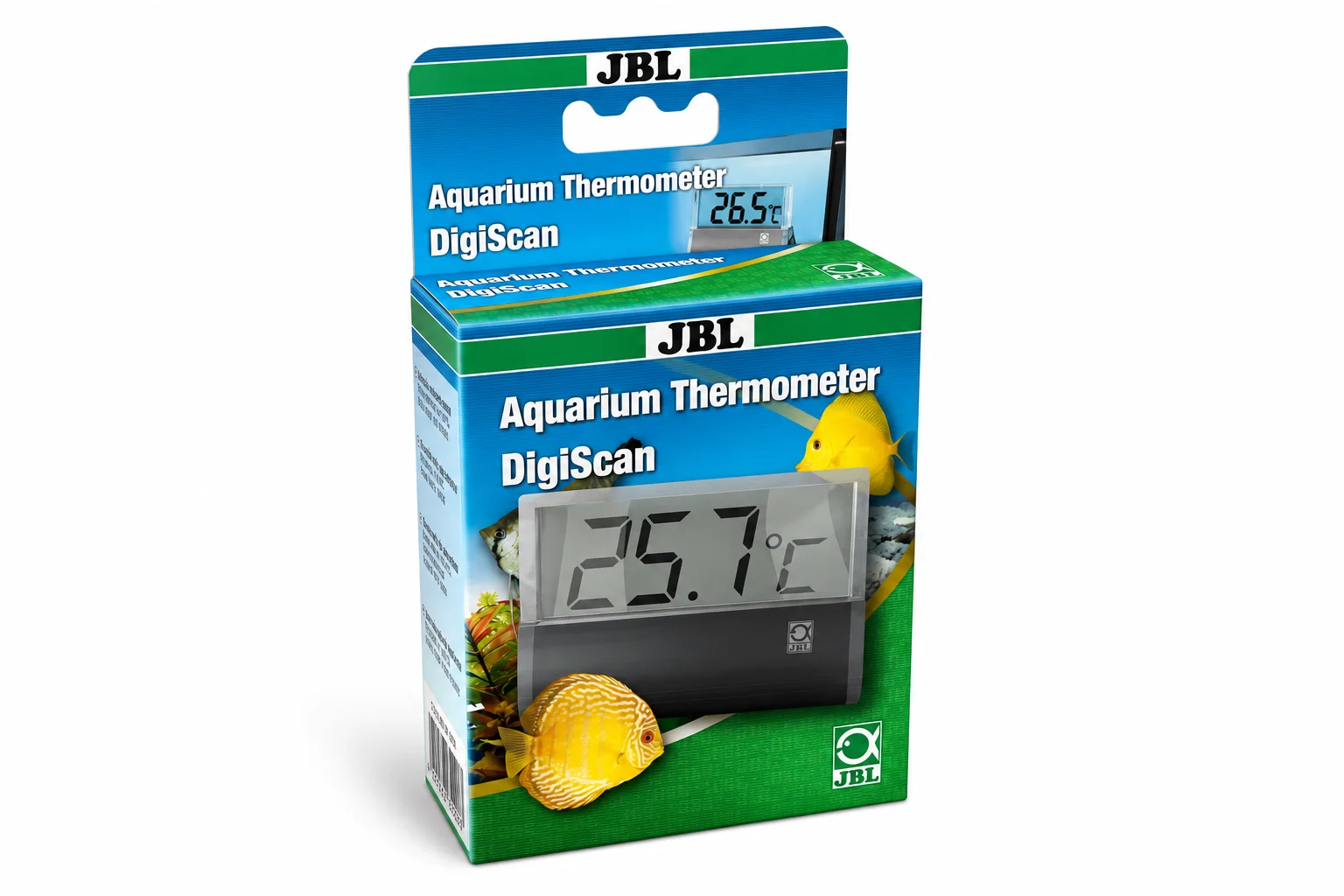 JBL DigiScan Aquarium Thermometer Verpackung mit digitaler Anzeige (25,7 °C) auf blau-grüner Produktbox mit Fischmotiv