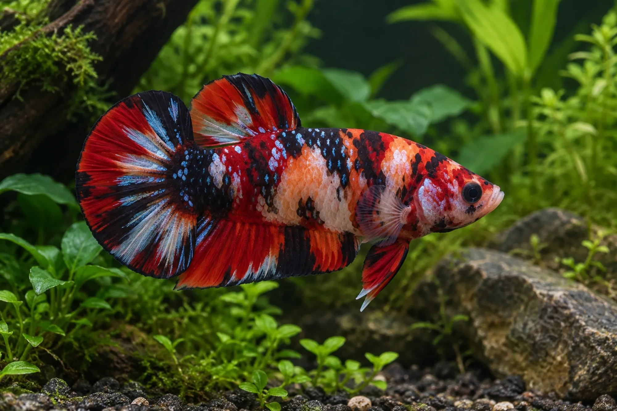 Halfmoon-Plakat-Kampffisch „Galaxy Koi“, Männchen, Betta splendens