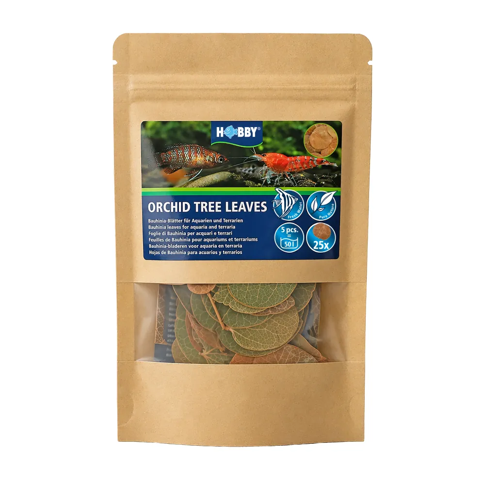 Packung HOBBY Orchid Tree Leaves (Bauhinia-Blätter) im wiederverschließbaren Kraftbeutel mit Sichtfenster; natürliche Laubstücke zur Dekoration und Wasseraufbereitung für Garnelen, Fische und Terrarien