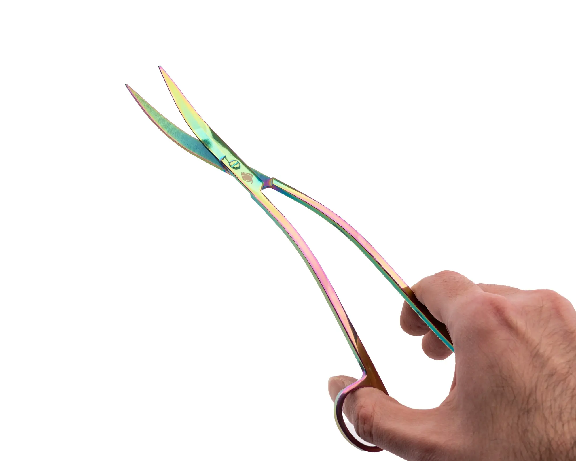 Bunte, gebogene Friseurschere in einer Hand