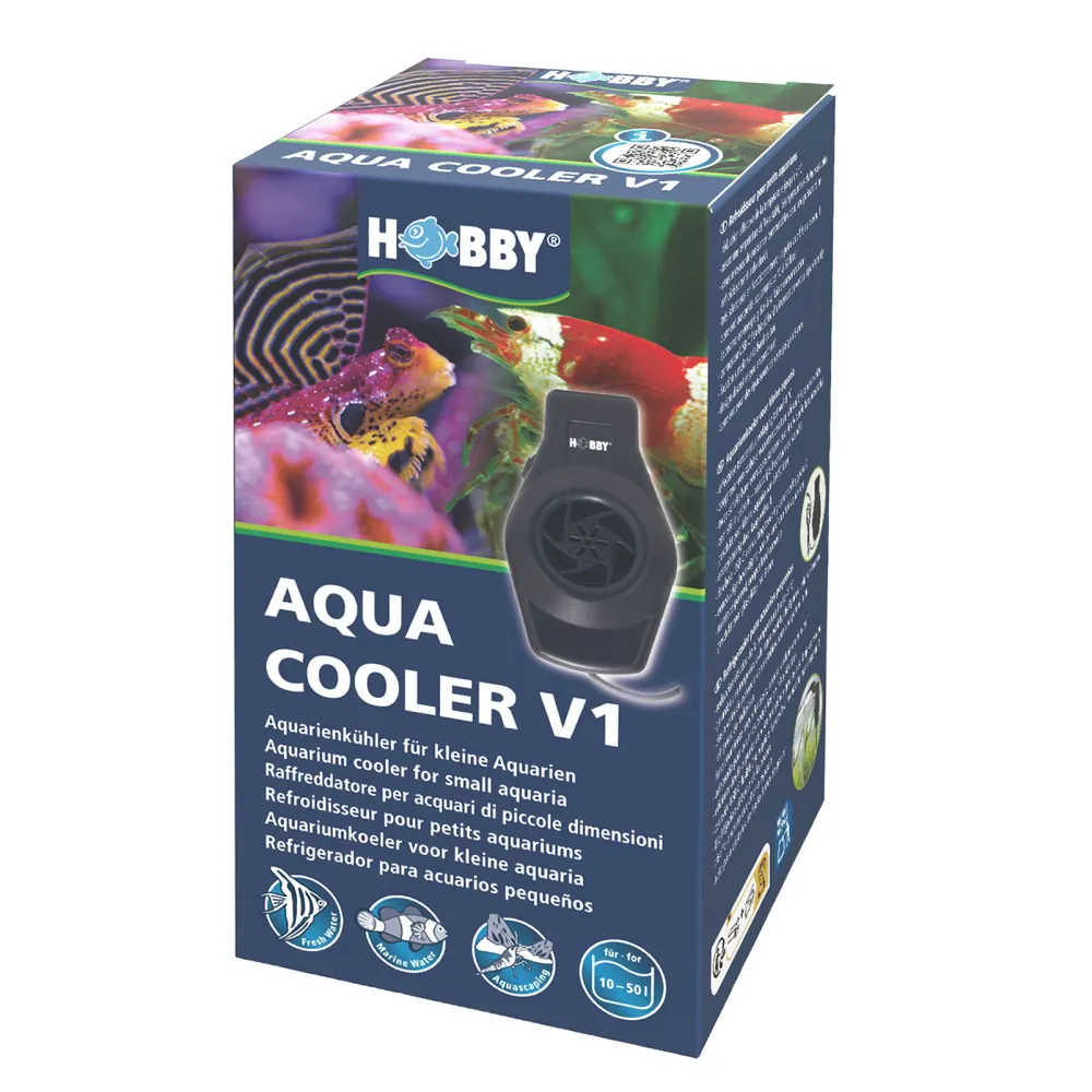 Verpackung des Hobby Aqua Cooler V1: Aquarium-Kühlventilator (USB-C) auf Produktbox, geeignet für kleine Aquarien 10–50 l, fördert Verdunstungskühlung und senkt die Wassertemperatur bis zu 4 °C