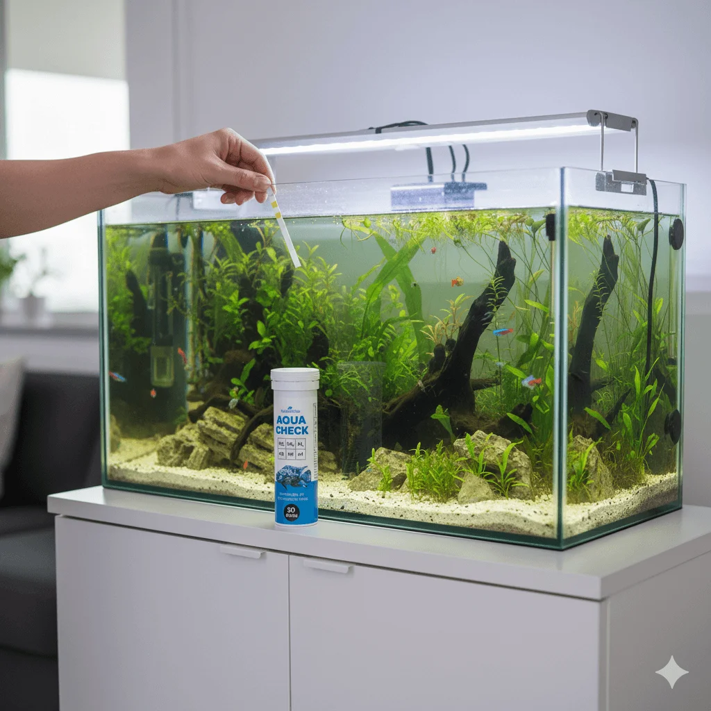 Hand hält Teststreifen zur Wasserprüfung im Aquarium
