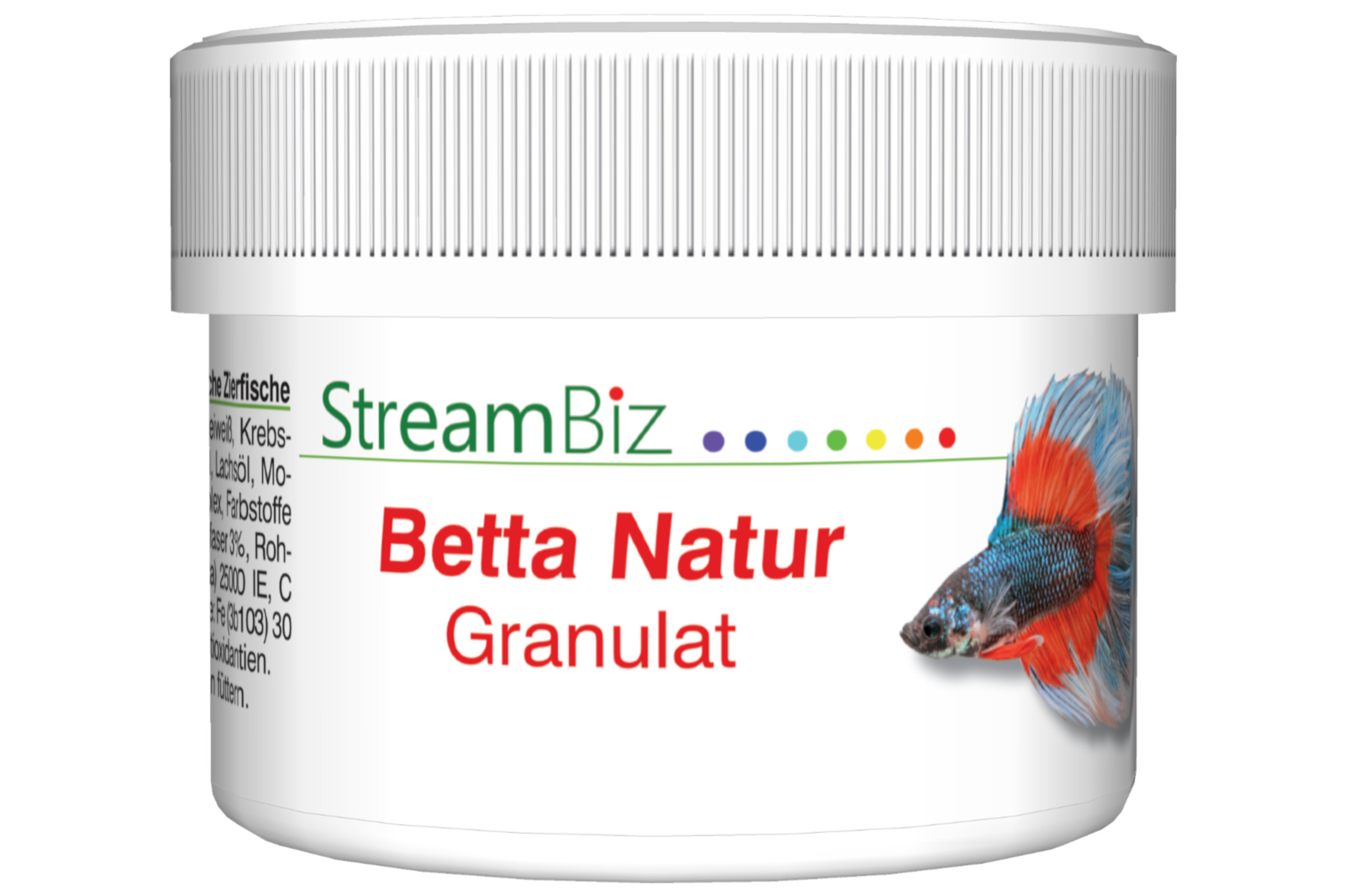 StreamBiz Betta Natur Granulat – weißer Kunststoffbecher mit Schraubdeckel und Etikett, Fischfutter für Kampffische, abgebildeter bunter Siamesischer Kampffisch