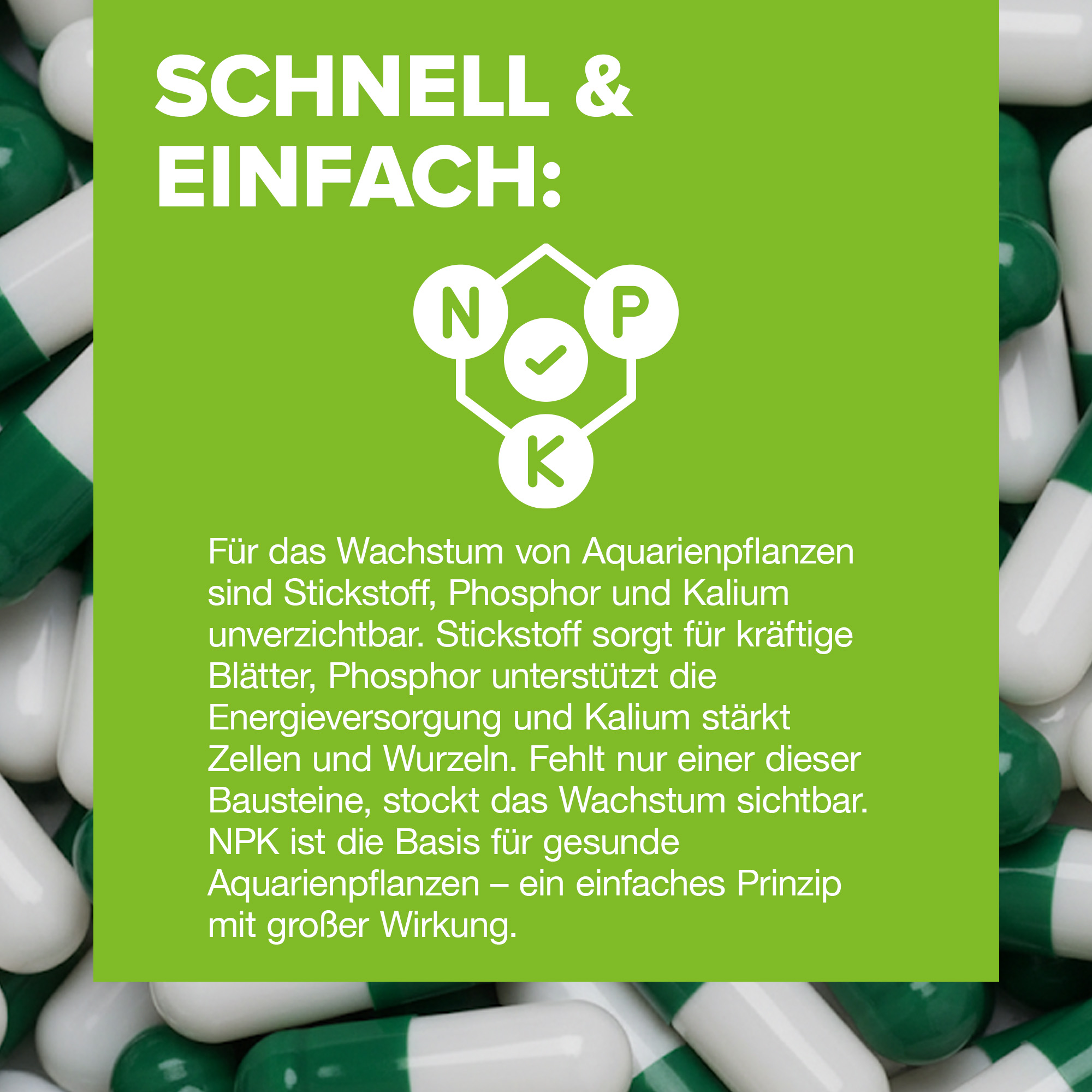 Grüne-weiße Kapseln mit NPK-Icon für Aquarienpflanzen