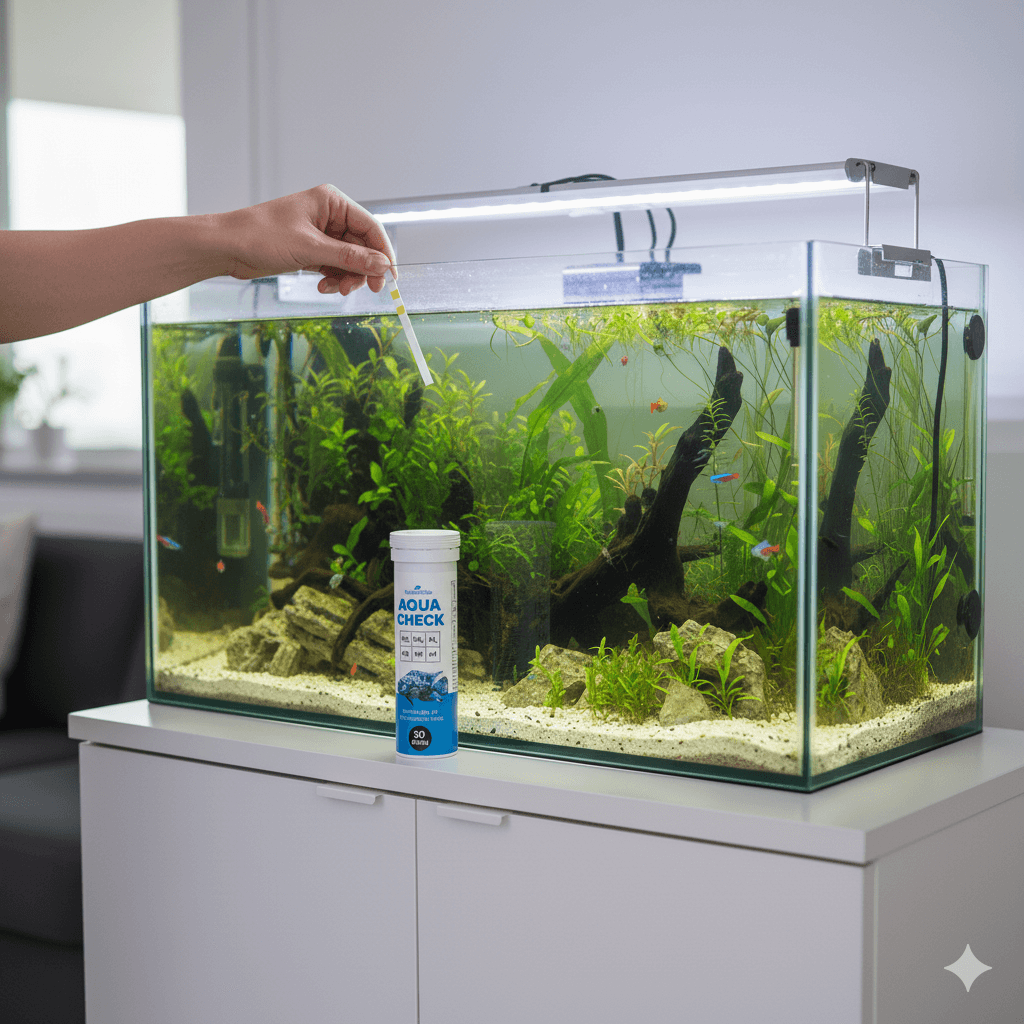 Aquarium-Wassertest mit Teststreifen und Aqua Check