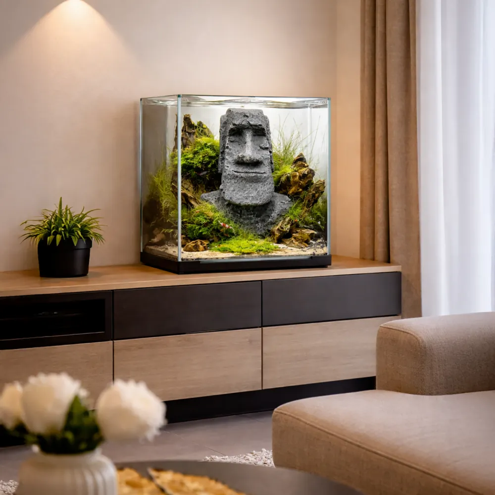 Hobby Moai Ora 1: graue Moai-Osterinsel-Statue mit hohler Innenkammer im bepflanzten Aquarium, 12,5×11,5×17,5 cm, dekoratives Versteck für Fische, Garnelen, Reptilien und Amphibien