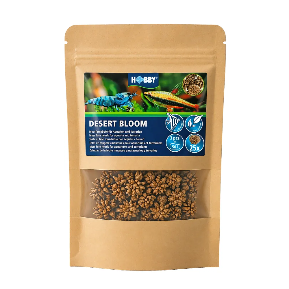 Verpackung Hobby Desert Bloom Moosfarn, 25 Stück: braune Standboden-Tüte mit Sichtfenster, 25 getrocknete Moosfarn-Köpfchen als Botanicals fürs Aquarium und Terrarium; geben Huminstoffe und Gerbsäuren ab, senken pH-Wert sanft, ideal für Garnelen, Zierfisc