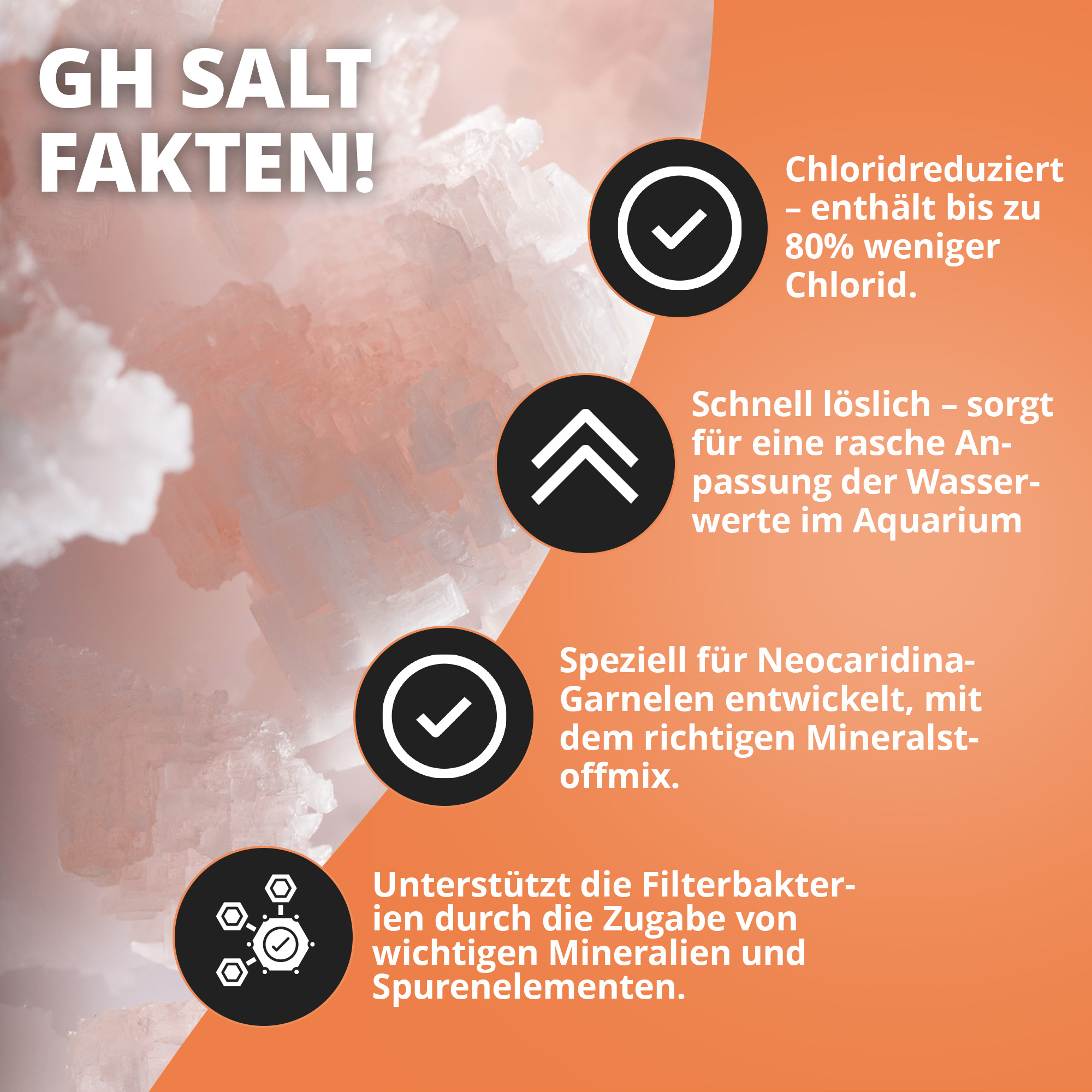 Nahaufnahme von GH Salt-Kristallen und Produktinfos