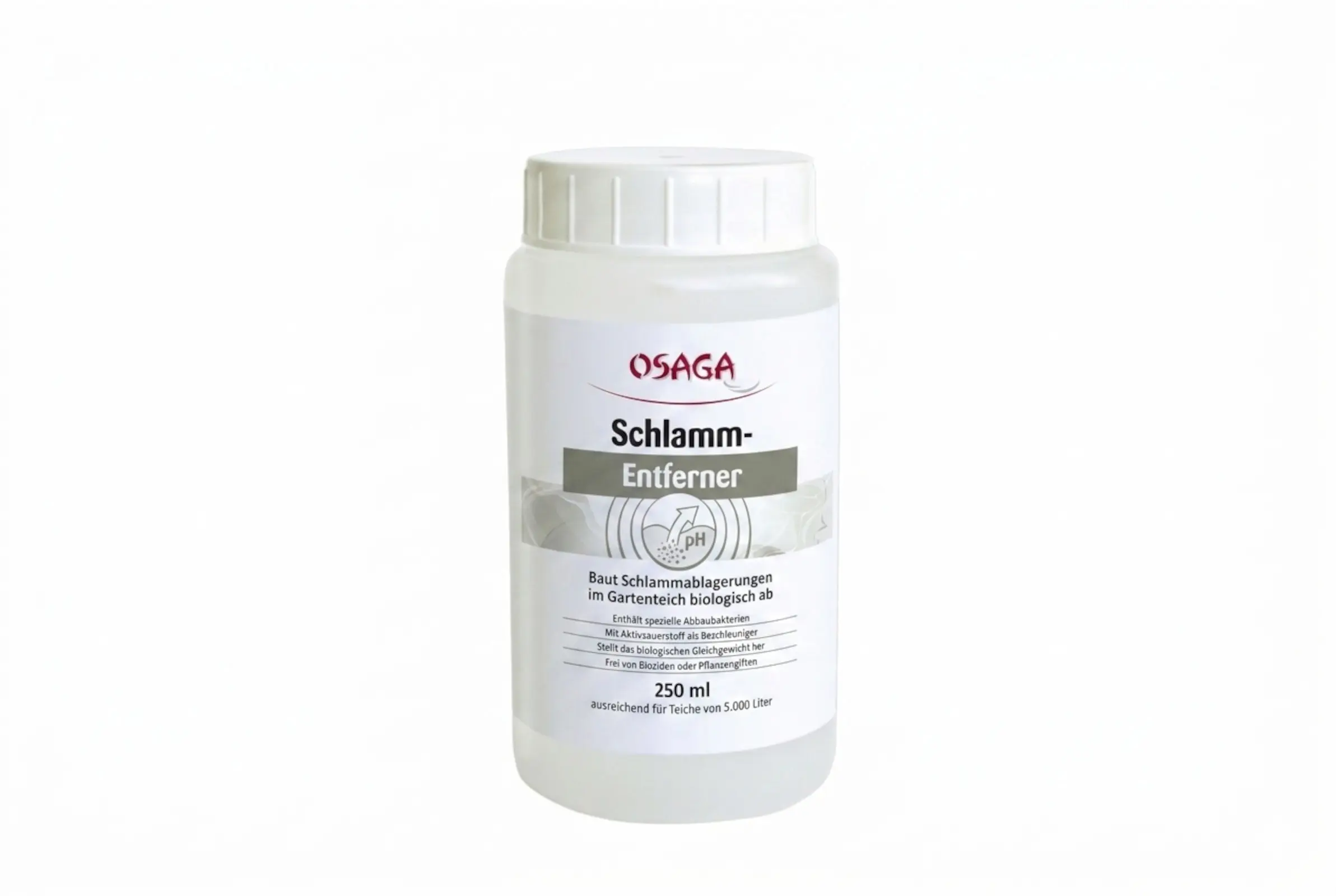 Produktbild OSAGA Schlammentferner Klar im Nu, weiße 250-ml-Flasche – Flockungsmittel zur schnellen Klärung von trübem Teichwasser, bindet feinste Schwebstoffe für klare Sicht