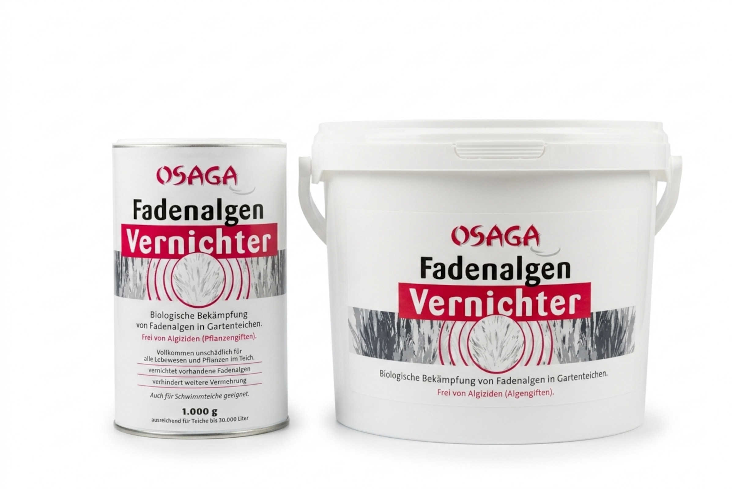 Zwei OSAGA Fadenalgen Vernichter Behälter (Dose und Eimer) mit Logo und Etikett – biologische, gezielte Reduktion von Fadenalgen für klares, stabiles Teichwasser