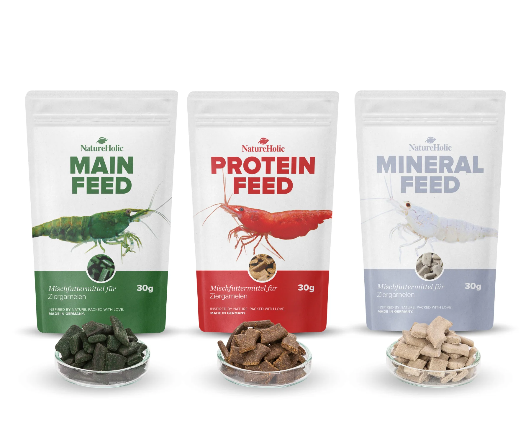NatureHolic Futter Paket, Mainfeed + Proteinfeed + Mineralfeed, Garnelenfutter, 3 x 30 g 