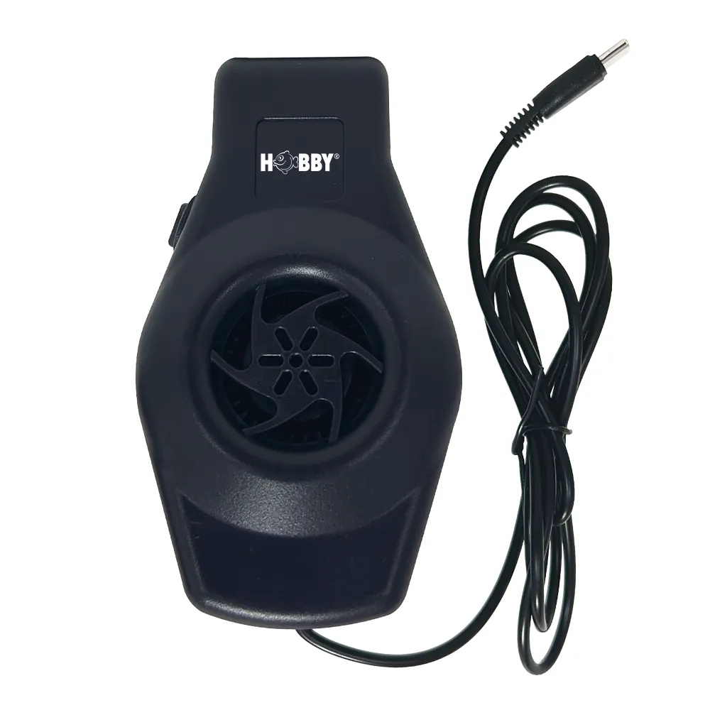 Hobby Aqua Cooler V1 schwarzer USB-C-Kühlventilator für Aquarien 10–50 l, auf Wasseroberfläche montiert, beschleunigt Verdunstung, senkt Wassertemperatur bis zu 4 °C, leiser Betrieb, zwei Stufen