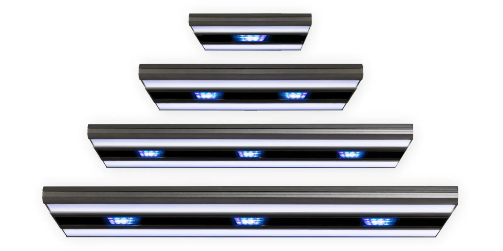 Vier modulare LED-Leuchten in verschiedenen Längen