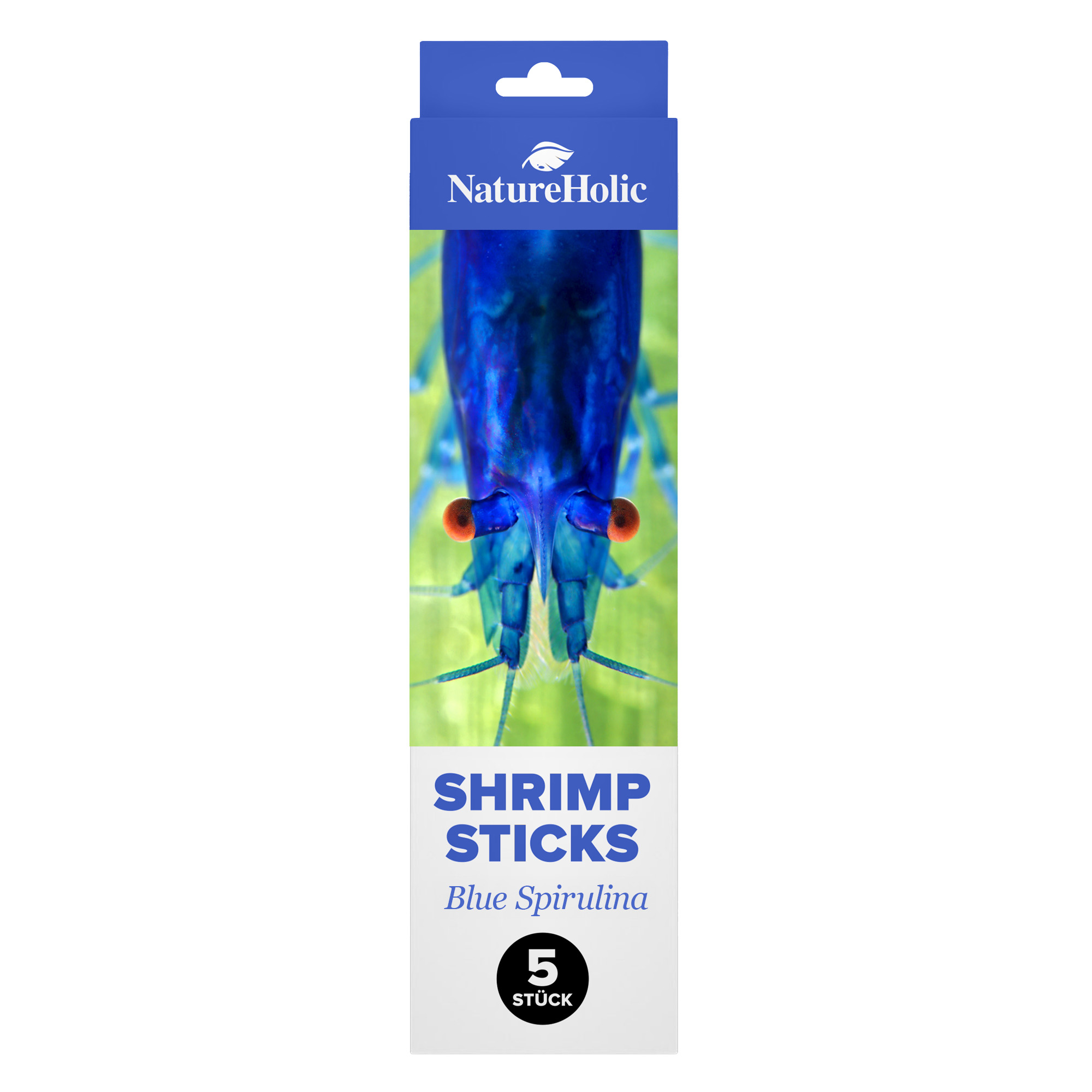 Verpackung von NatureHolic Shrimp Sticks Blue Spirulina, 5 Stück, mit Nahaufnahme einer blau gefärbten Garnele, Markenlogo und Produktbezeichnung