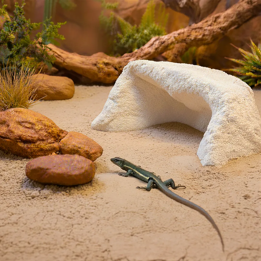 Terrarium mit weißem Lehmpulver-Hügel (Hobby Terrano Clay Powder weiß, 1,3 kg) auf Sandboden neben Felsen und einer Echse – fein gemahlenes, mineralisches Lehmpulver zur Stabilisierung und Bindung des Substrats, nach dem Trocknen formstabil und grabbar