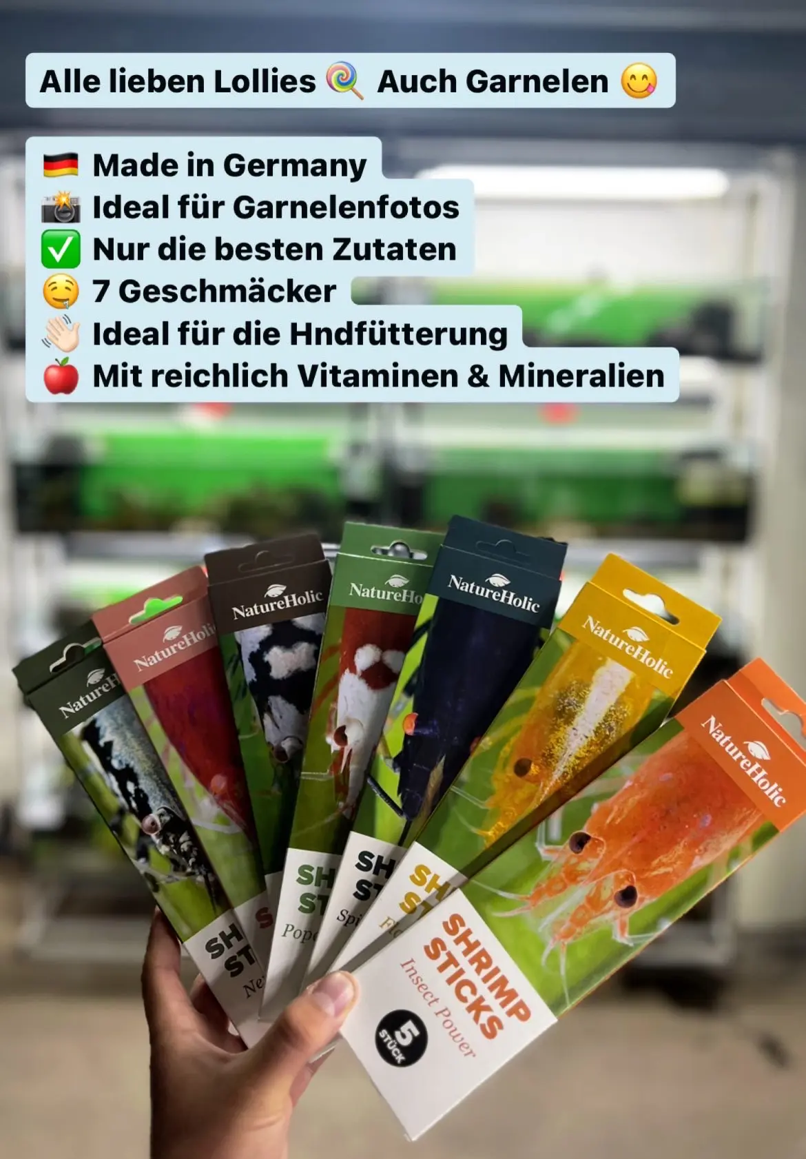 Hand hält NatureHolic Shrimp Sticks Garnelenfutter