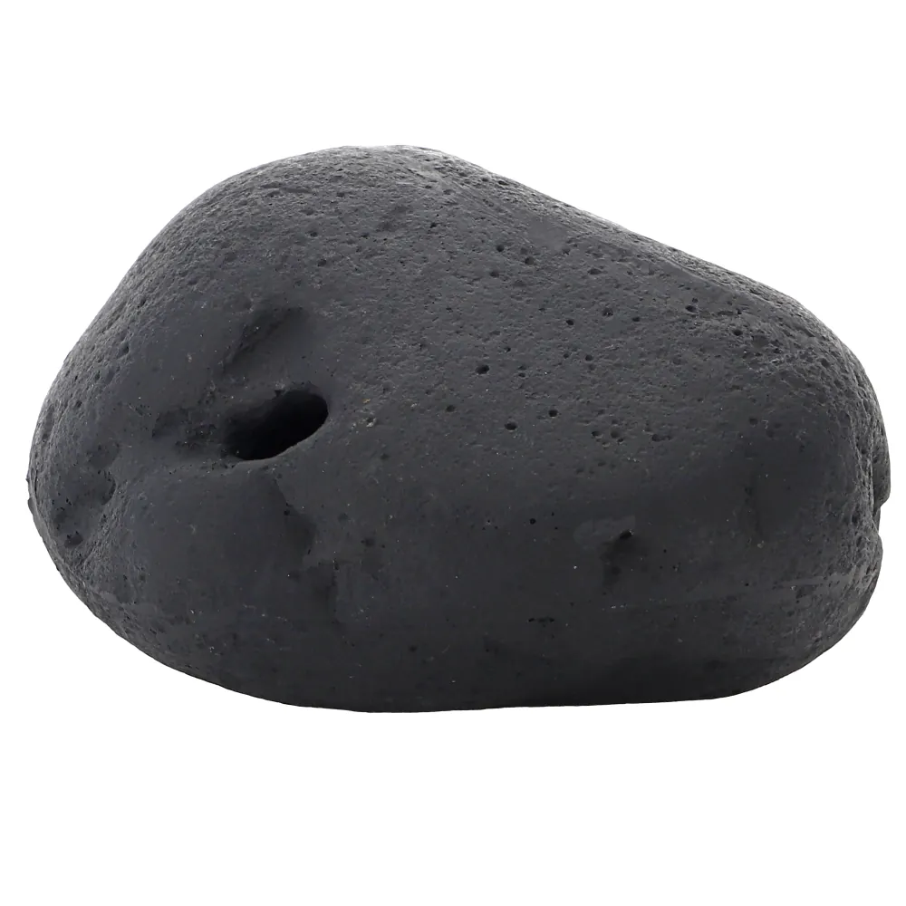 Nahaufnahme eines schwarzen Lavasteins mit poröser Oberfläche und kleiner Vertiefung, freigestellt vor weißem Hintergrund, ideal als Dekostein oder Filtermaterial für Aquarium, Garten und Terrarium