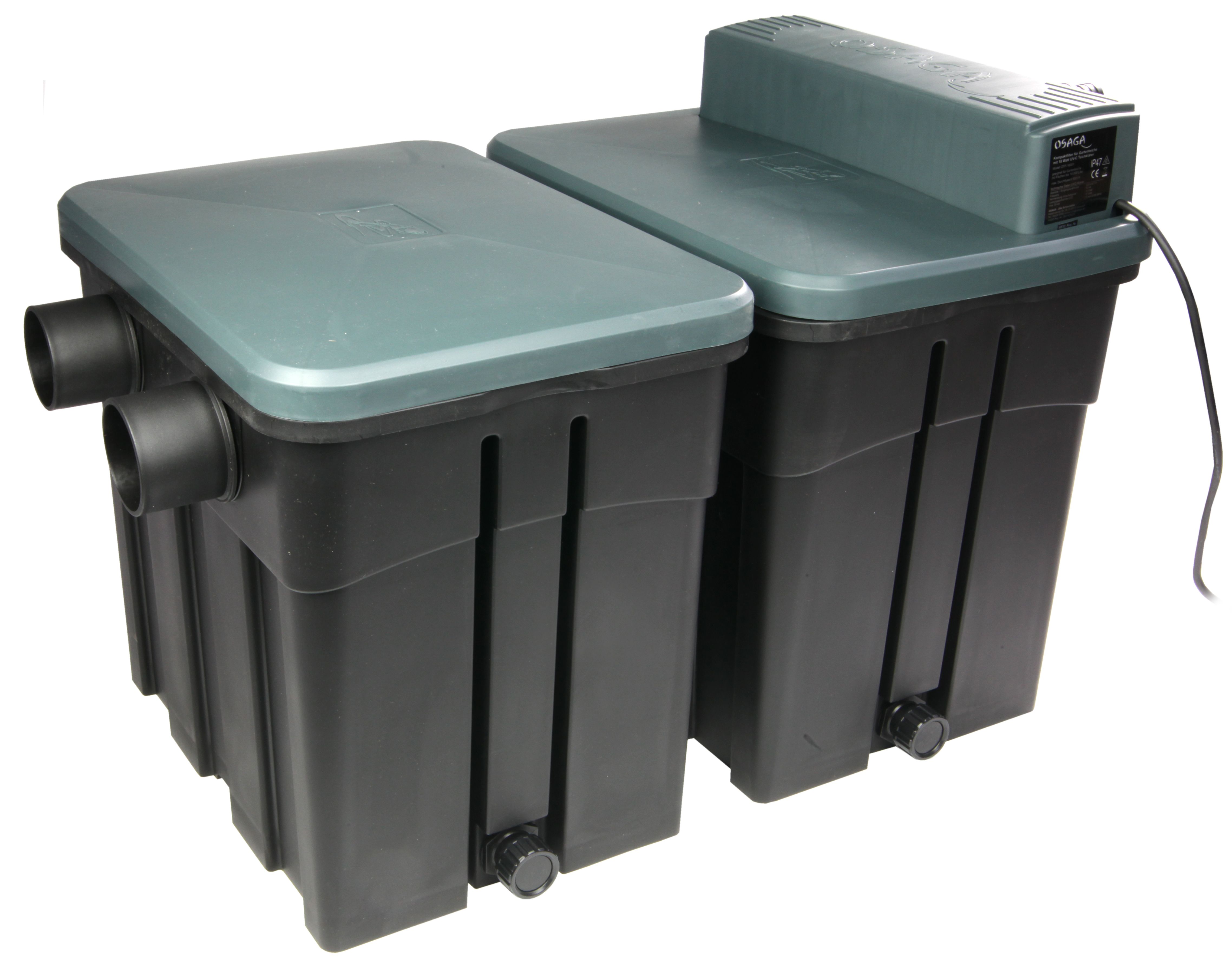 Doppelkammer-Teichfilter aus schwarzem Kunststoff mit grünem Deckel, integriertem UV-Klärer oben und zwei seitlichen Anschlussstutzen