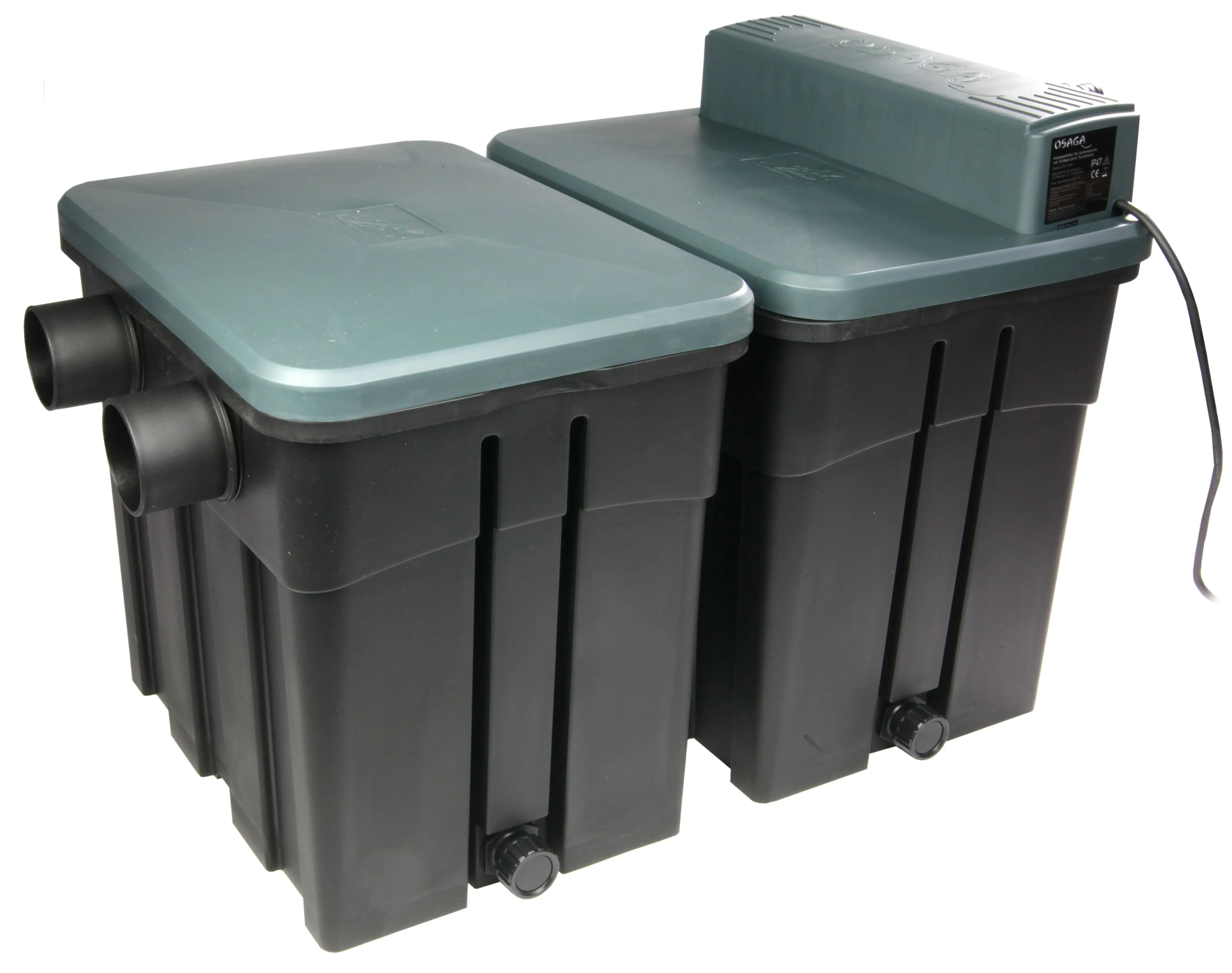 Doppelkammer-Teichfilter aus schwarzem Kunststoff mit grünem Deckel, integriertem UV-Klärer oben und zwei seitlichen Anschlussstutzen