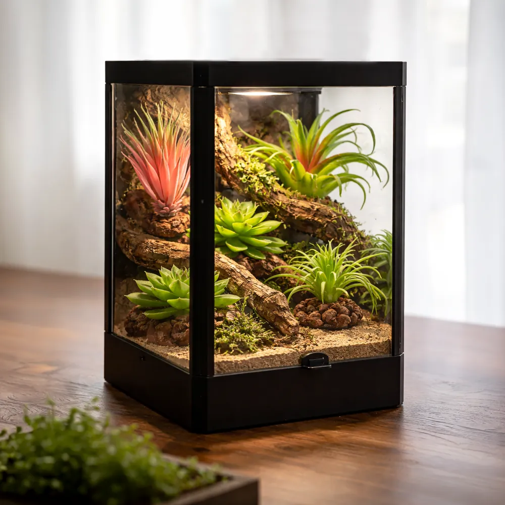 Hobby Terra Succulent 1, künstliche Sukkulente 14 cm im Wüsten-Terrarium mit rosa-grünen, fleischigen Blättern auf Sand und Rinde – dekorativ und unbedenklich für Reptilien und Wirbellose