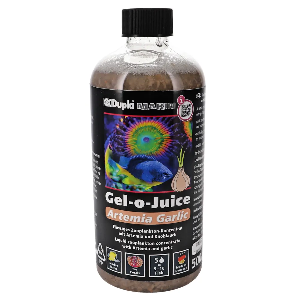 Flasche Dupla Marin Gel-o-Juice Artemia Garlic 500 ml, braunes flüssiges Zooplankton-Konzentrat mit Artemia und Knoblauch; Produktetikett mit buntem Fisch- und Korallenmotiv