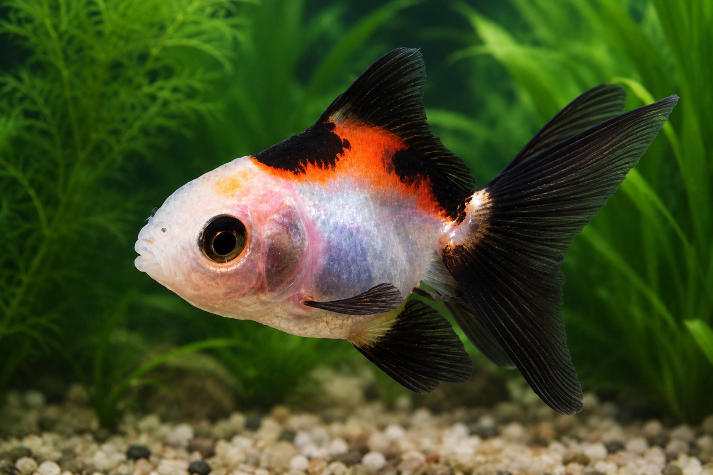 Nahaufnahme Oranda Tricolor (Carassius auratus) mit Panda-Zeichnung, schwarz-orange-weißer Tricolor-Färbung und Schleierschwanz; friedlicher Kaltwasser-Zierfisch für Teichhaltung