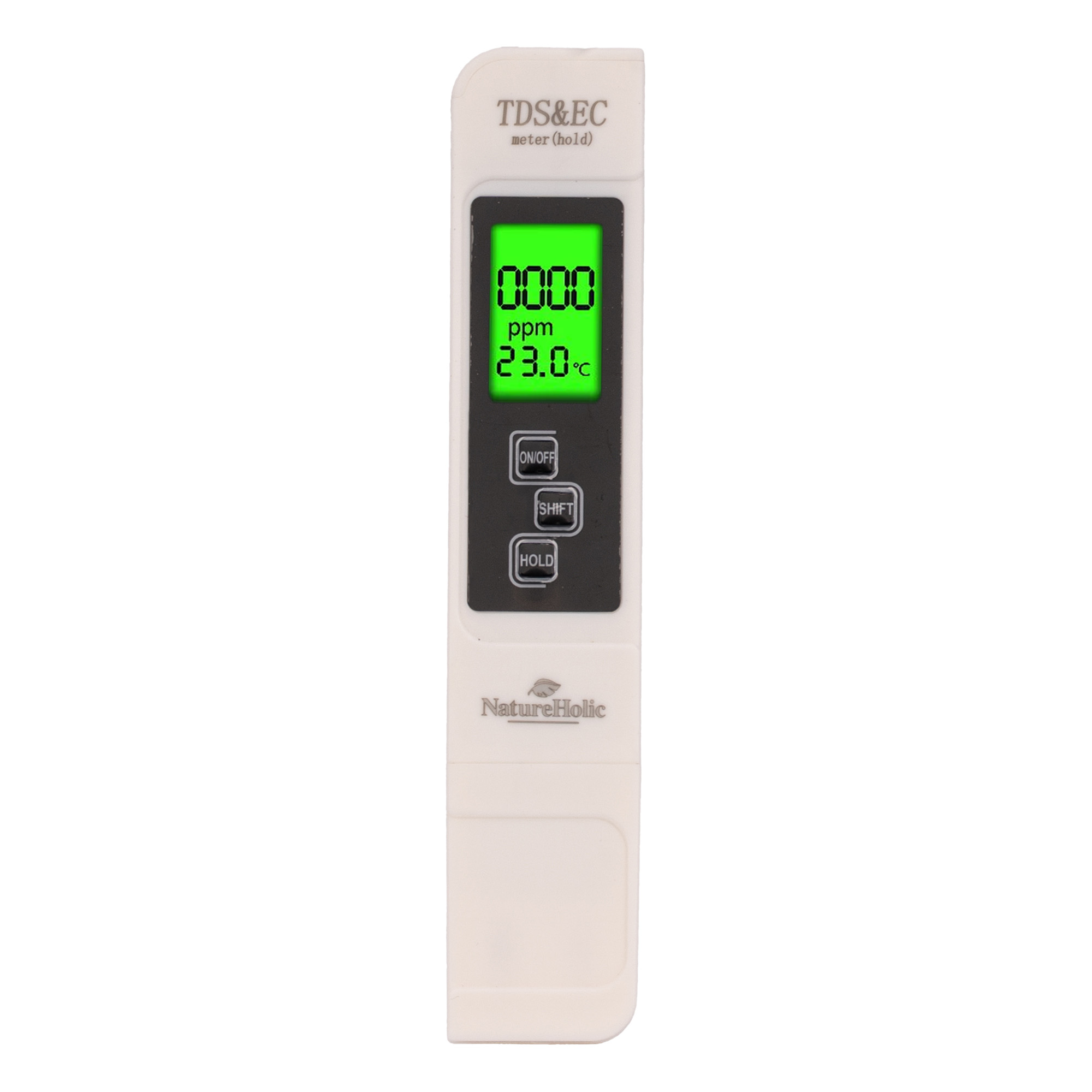 Weißes TDS/EC-Messgerät mit grünem LCD (ppm, °C)