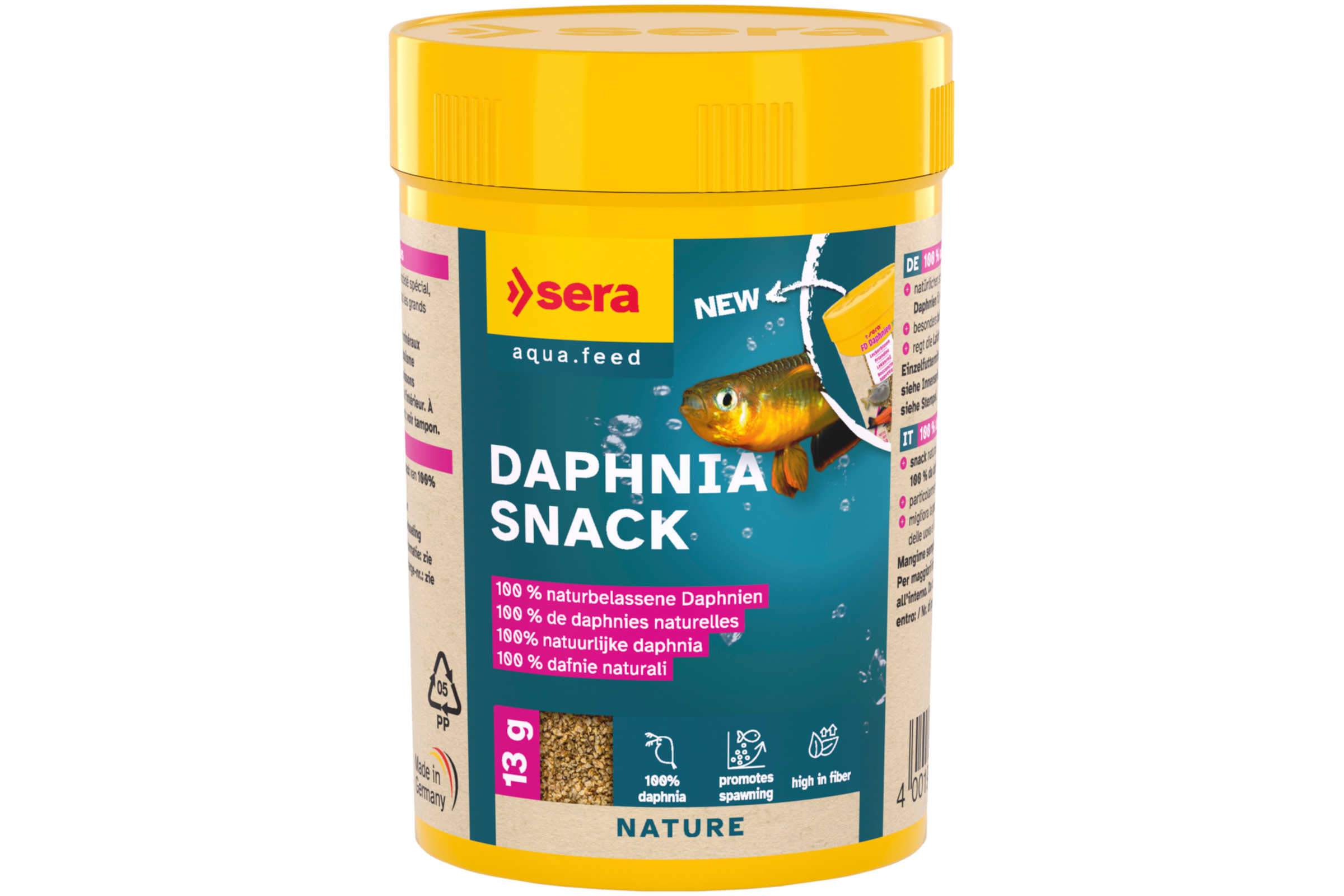 Sera Daphnia Snack 100 ml Kunststoffdose mit gelbem Deckel, FD Daphnien (gefriergetrocknete Wasserflöhe) als natürliches, ballaststoffreiches Ergänzungsfutter für Zierfische