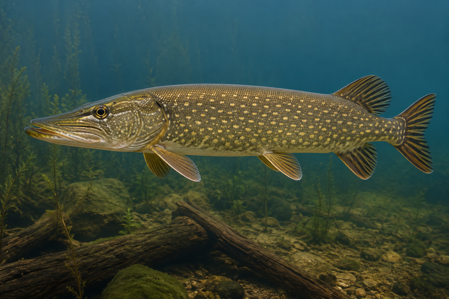 Hecht (Esox lucius), 10–12 cm, mit grünem Tarnmuster im Unterwasserfoto vor dichtem Wasserpflanzensaum; klassischer, ruhiger Lauerfisch für sehr große Naturteiche (Kaltwasser)