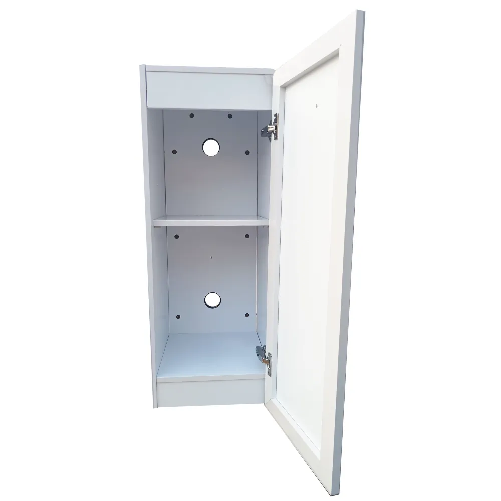 Dupla Marin Cube Stand 50 white Unterschrank aus FSC®-Holz, offene weiße Fronttür, Innenansicht mit Regalboden und zwei Kabelöffnungen; geeignet für Cube-Aquarien, Maße 34,5×39,5×90 cm