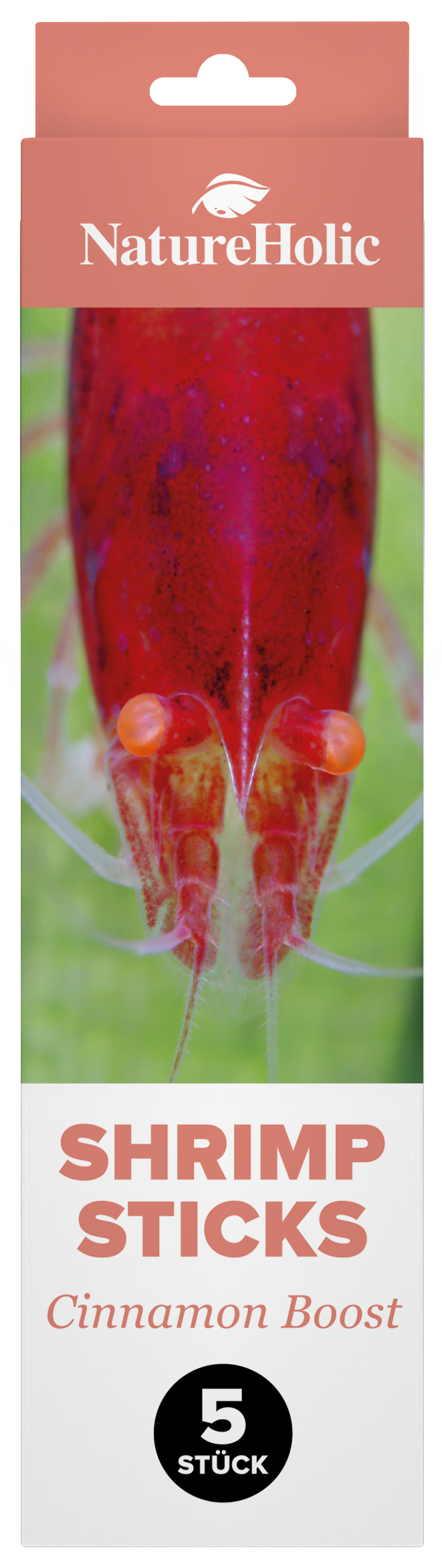 Rote Garnele auf NatureHolic Shrimp Sticks Verpackung