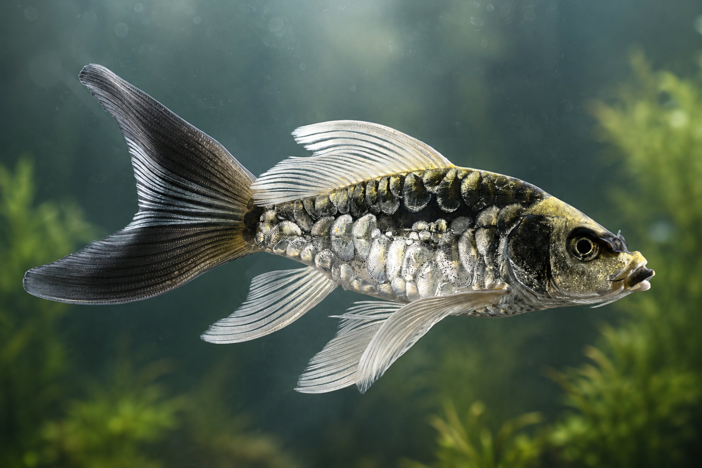 Seitenaufnahme eines Butterfly-Koi Kabuto (Cyprinus carpio) in Farbmix, 16–18 cm; deutlich sichtbare Helmzeichnung („Samurai-Helm“) und lange, schwebende Flossen – Zuchtform für große Teiche